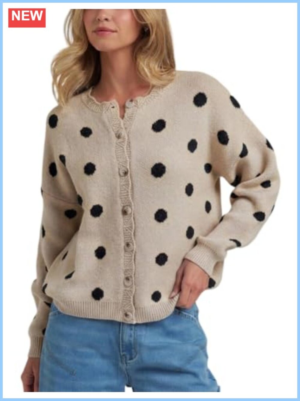 Women Polka Dot Cardigan Sweater Long Sleeve Button Knit Top